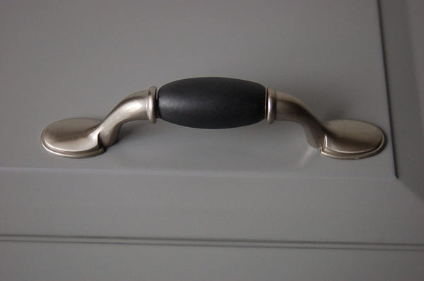 Country Farmhouse Black Ceramic Cabinet Drawer Handle Pull 3" Center-to-Center in Brushed Satin Nickel Finish