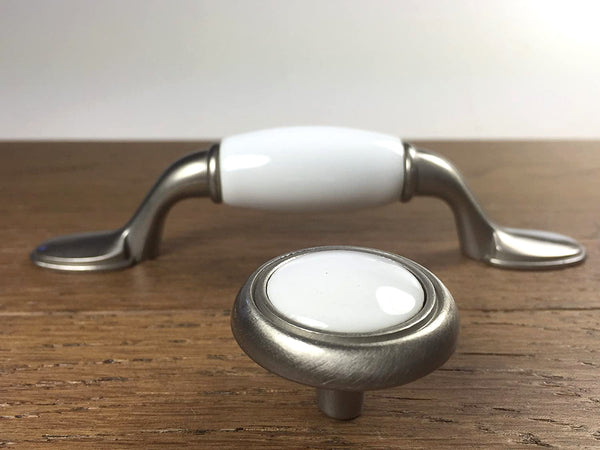 Country Farmhouse White Ceramic Cabinet Drawer Handle Pull 3" Center-to-Center in Brushed Satin Nickel Finish