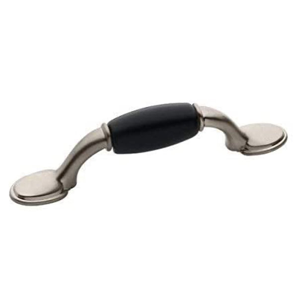 Country Farmhouse Black Ceramic Cabinet Drawer Handle Pull 3" Center-to-Center in Brushed Satin Nickel Finish